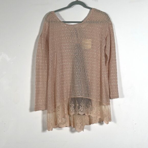 Anthropologie A'reve Knit Bow Back Sweater Top Women Sz XL Crochet Lace Trim - Picture 1 of 11